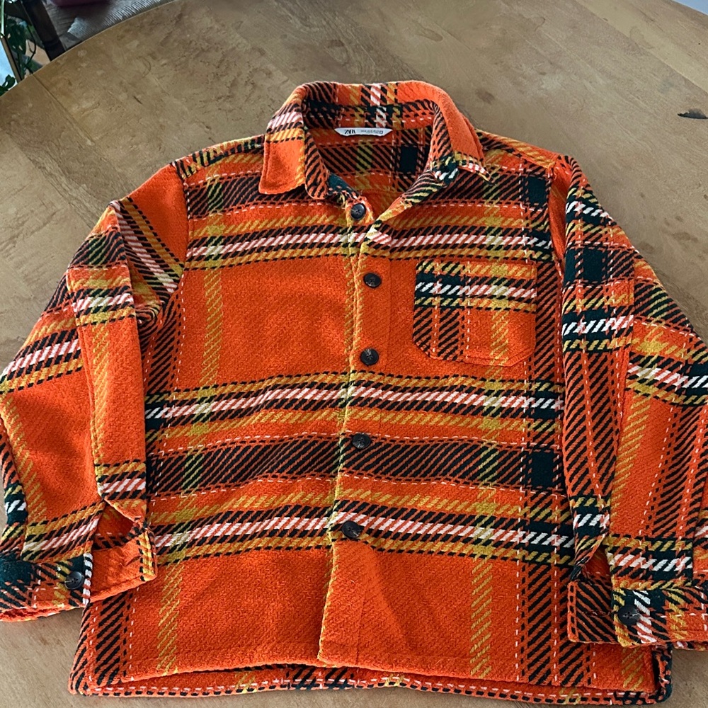 Zara Orange Plaid Shirt Jacket